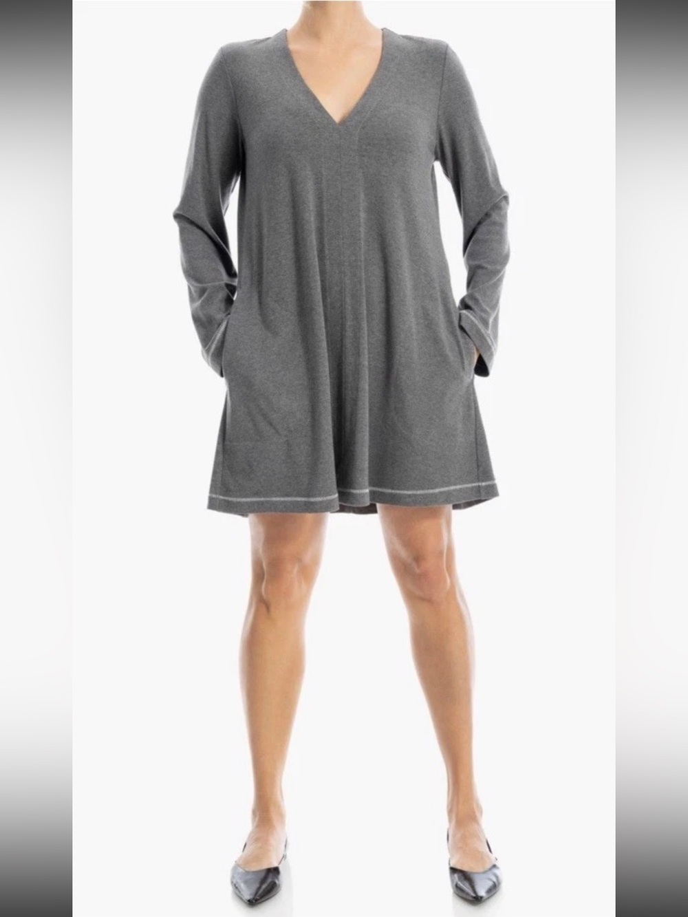 Gray Solid V-Neck Long Sleeve Swing Short Dress Pockets Knit Poly Rayon XS NWT